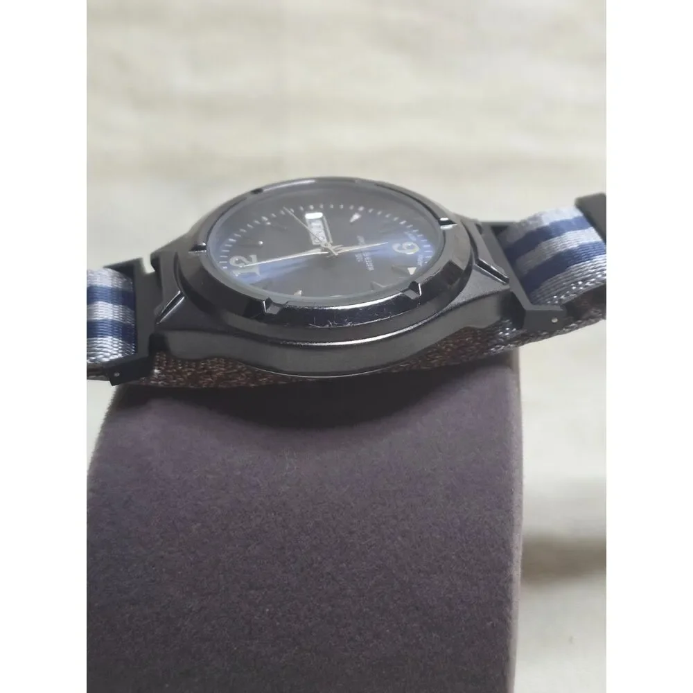 FMD Gunmetal Blue Sunburst Dial Day Date Mens Watch Blue Striped NATO Strap